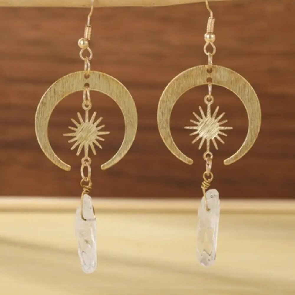 Vintage Boho Hippie Style Gold Plated Sun Moon Synthetic Crystal Dangle Earrings
